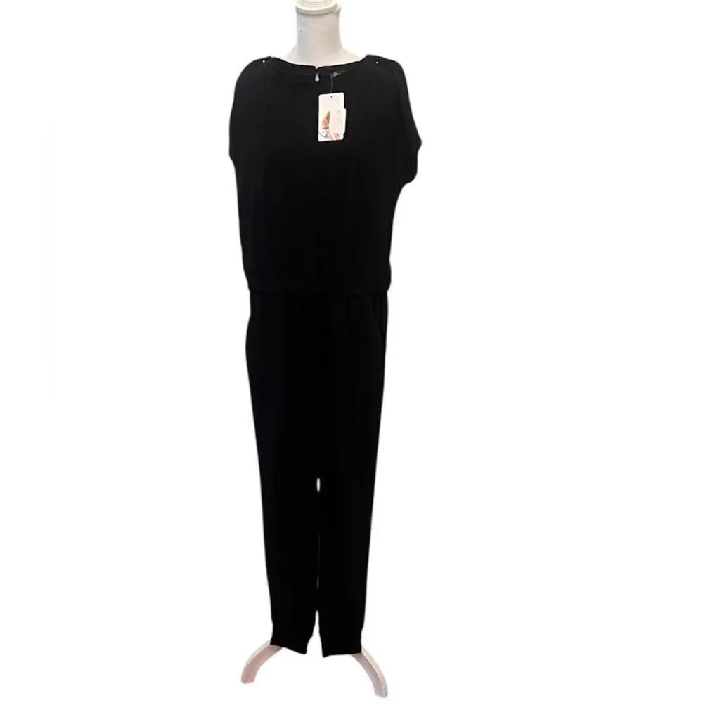 NWT Pretty Garden black szS cap sleeve elastic waist pockets knit jumpsuit